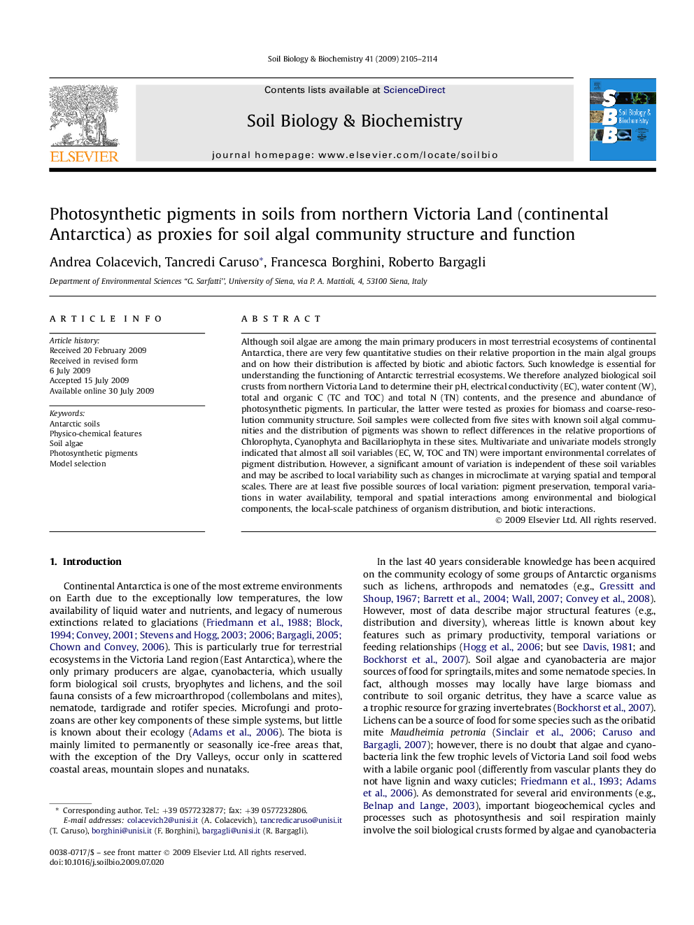 Photosynthetic pigments in soils from northern Victoria Land (continental Antarctica) as proxies for soil algal community structure and function