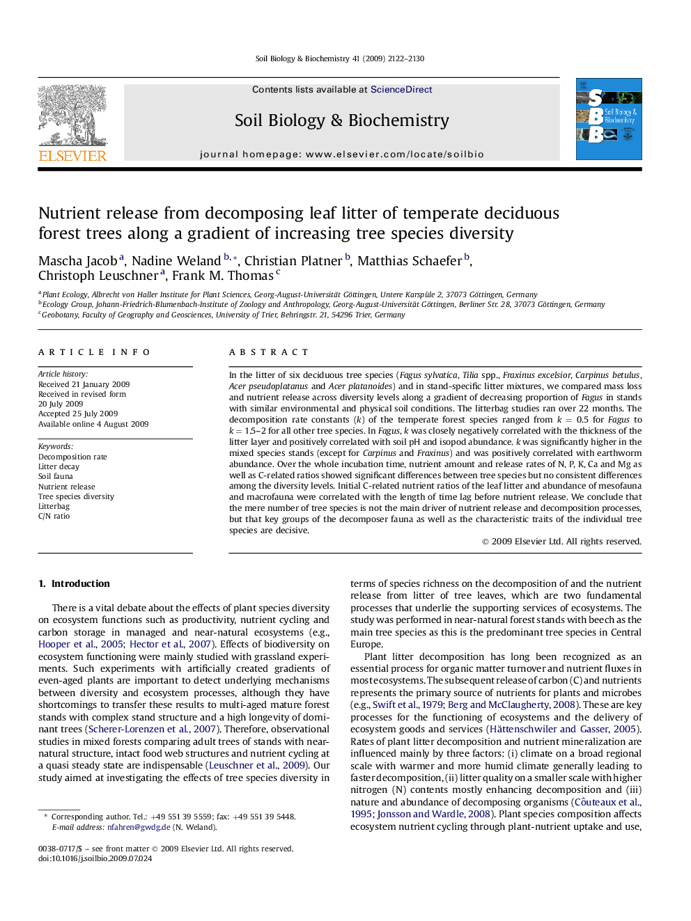 Nutrient release from decomposing leaf litter of temperate deciduous forest trees along a gradient of increasing tree species diversity