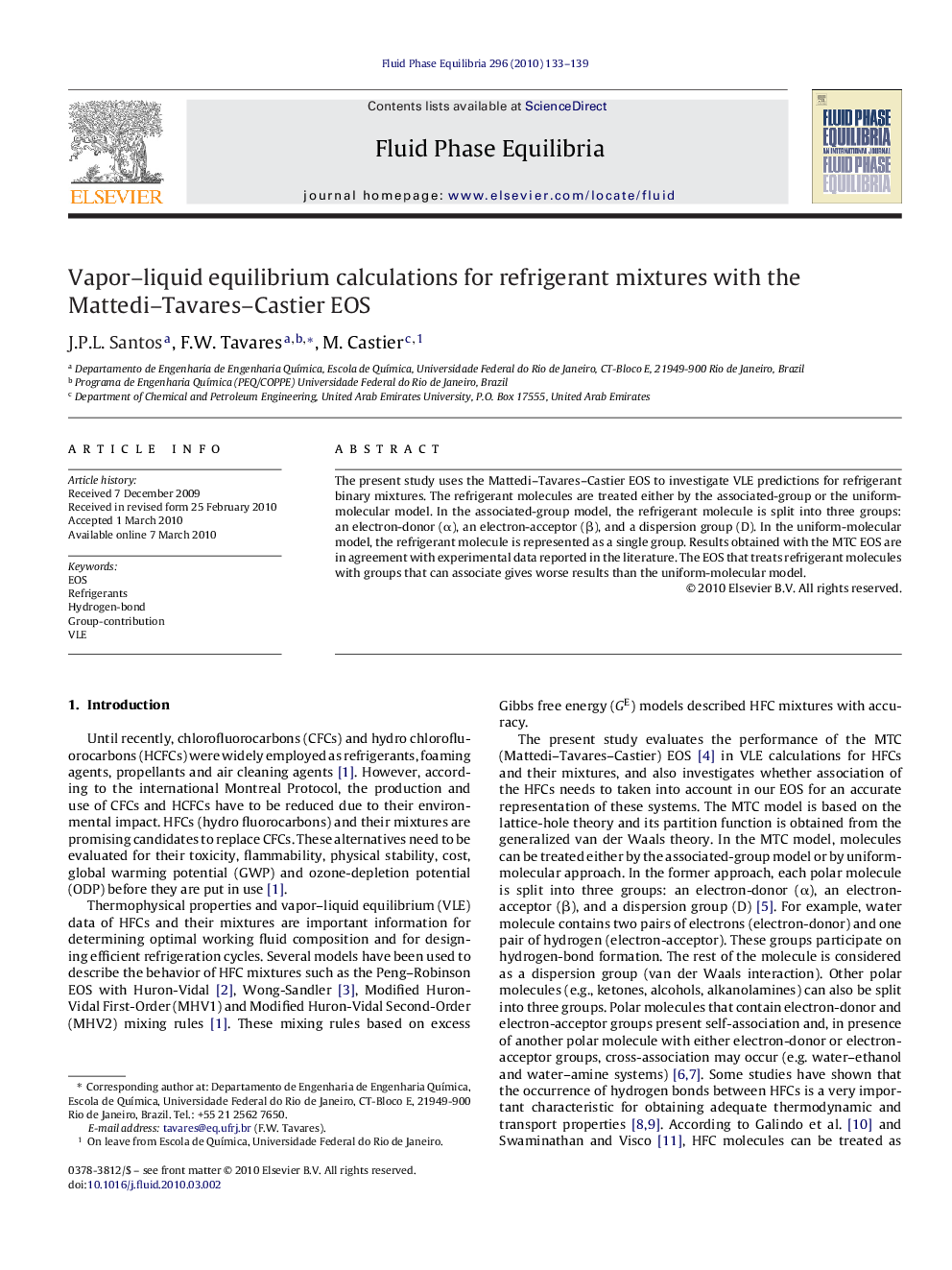 Vapor–liquid equilibrium calculations for refrigerant mixtures with the Mattedi–Tavares–Castier EOS