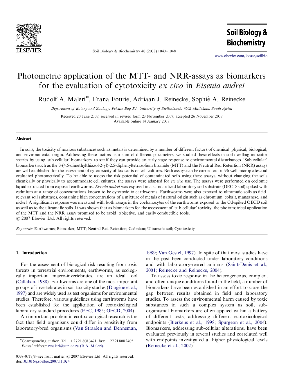 Photometric application of the MTT- and NRR-assays as biomarkers for the evaluation of cytotoxicity ex vivo in Eisenia andrei