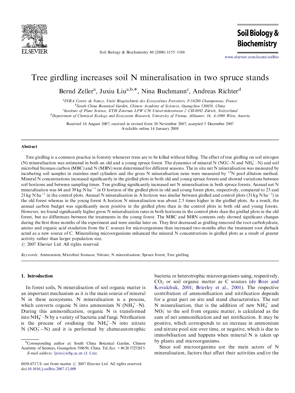 Tree girdling increases soil N mineralisation in two spruce stands