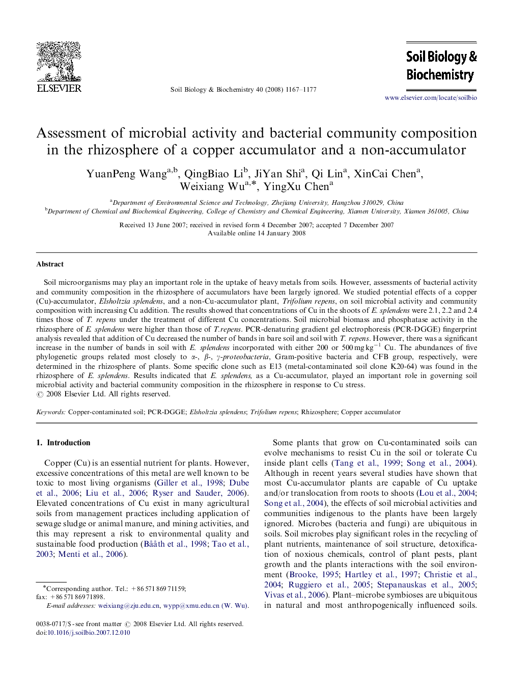 Assessment of microbial activity and bacterial community composition in the rhizosphere of a copper accumulator and a non-accumulator