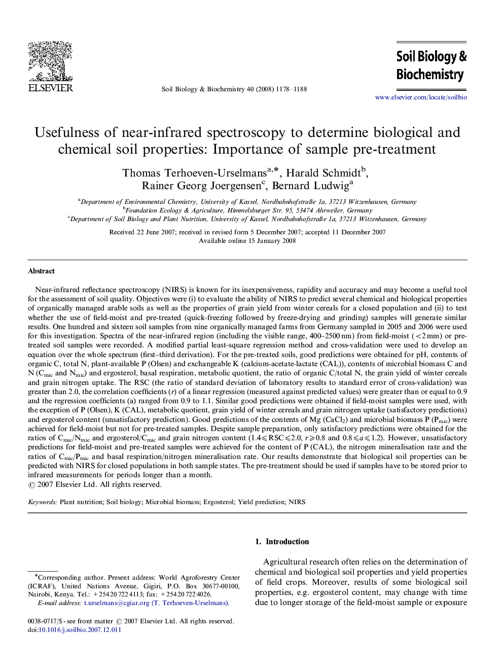 Usefulness of near-infrared spectroscopy to determine biological and chemical soil properties: Importance of sample pre-treatment