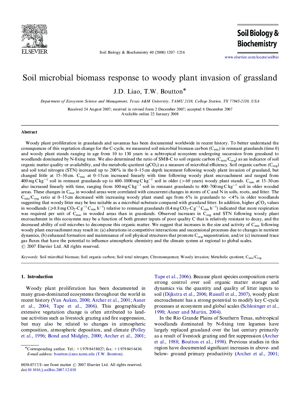 Soil microbial biomass response to woody plant invasion of grassland