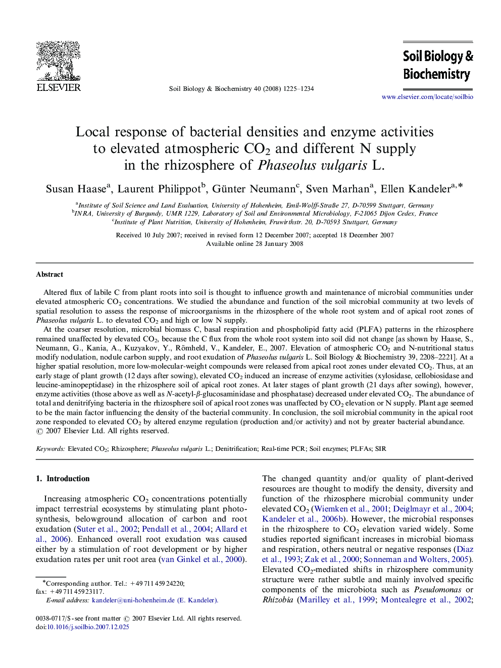 Local response of bacterial densities and enzyme activities to elevated atmospheric CO2 and different N supply in the rhizosphere of Phaseolus vulgaris L.