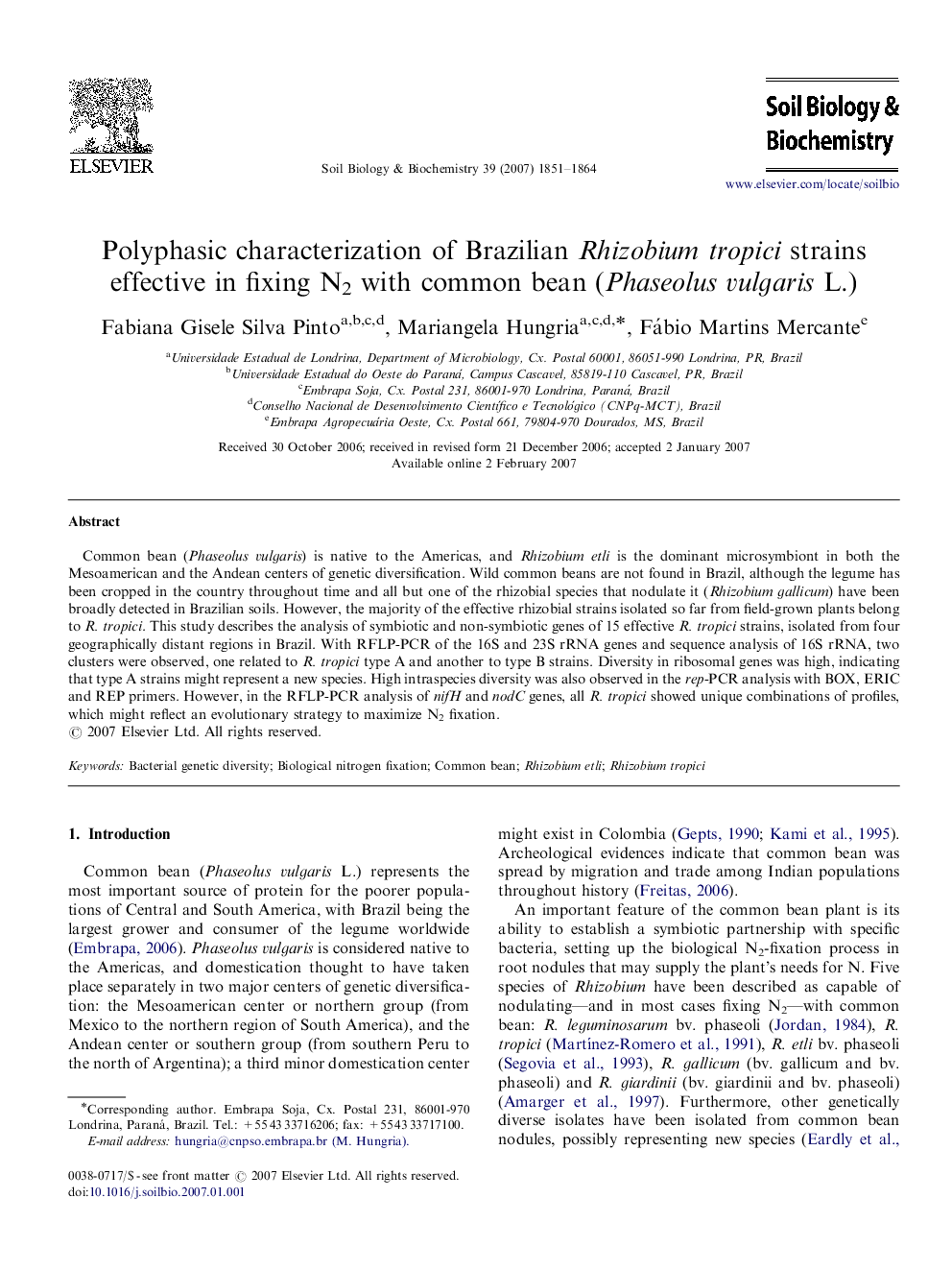 Polyphasic characterization of Brazilian Rhizobium tropici strains effective in fixing N2 with common bean (Phaseolus vulgaris L.)