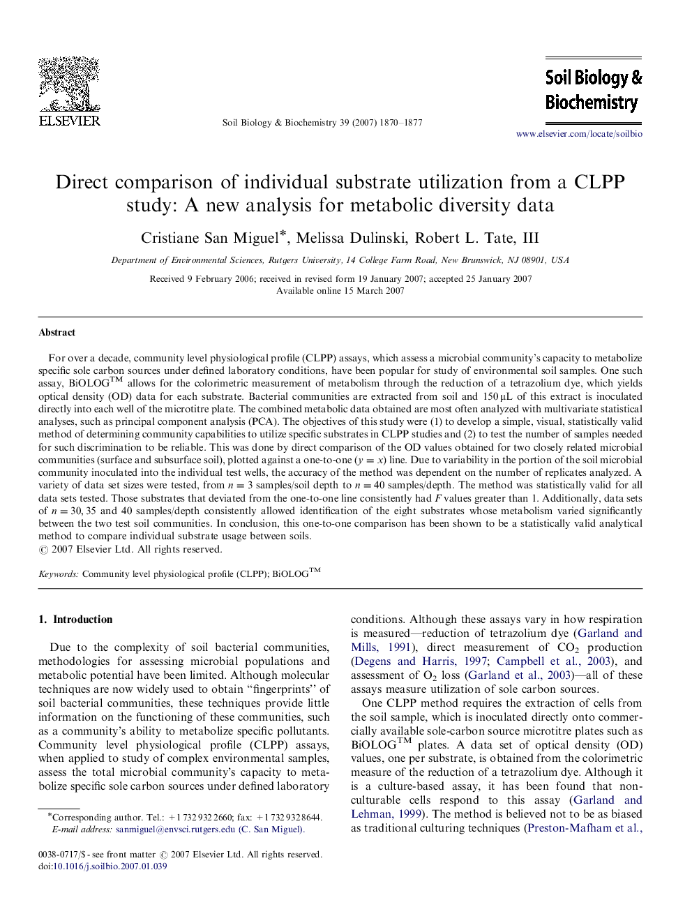 Direct comparison of individual substrate utilization from a CLPP study: A new analysis for metabolic diversity data