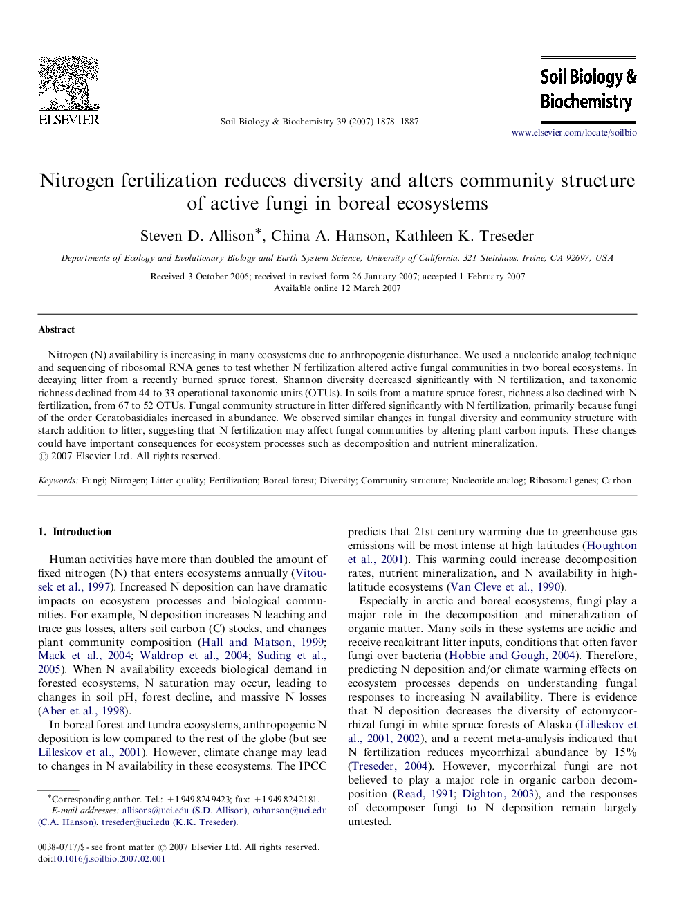 Nitrogen fertilization reduces diversity and alters community structure of active fungi in boreal ecosystems