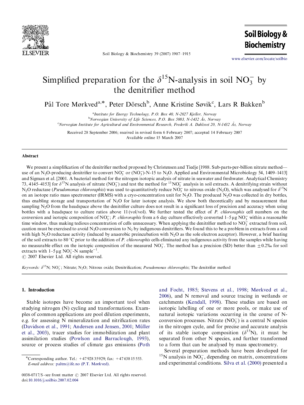 Simplified preparation for the δ15N-analysis in soil NO3- by the denitrifier method