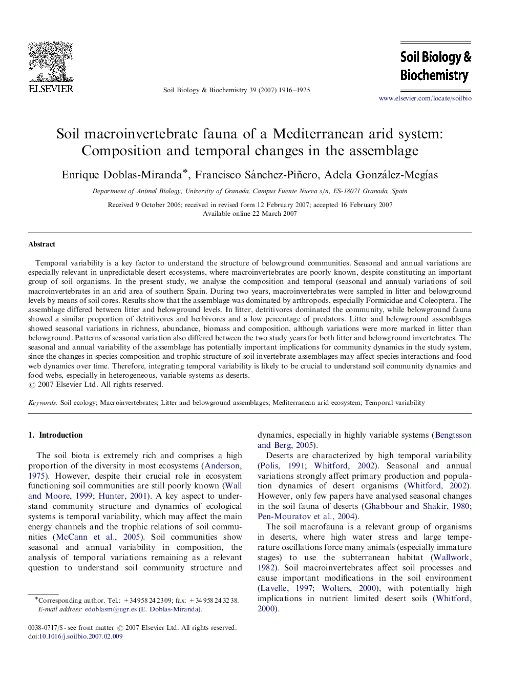 Soil macroinvertebrate fauna of a Mediterranean arid system: Composition and temporal changes in the assemblage