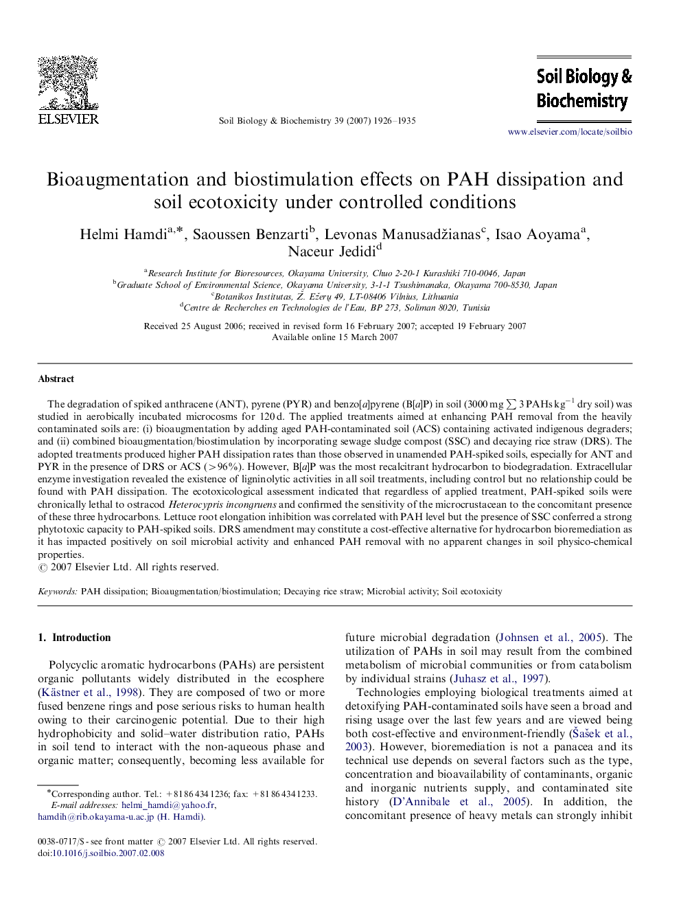 Bioaugmentation and biostimulation effects on PAH dissipation and soil ecotoxicity under controlled conditions