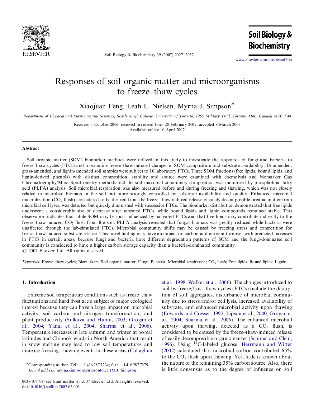 Responses of soil organic matter and microorganisms to freeze–thaw cycles