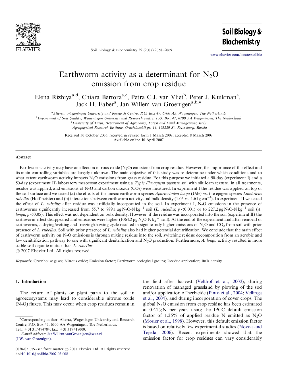 Earthworm activity as a determinant for N2O emission from crop residue