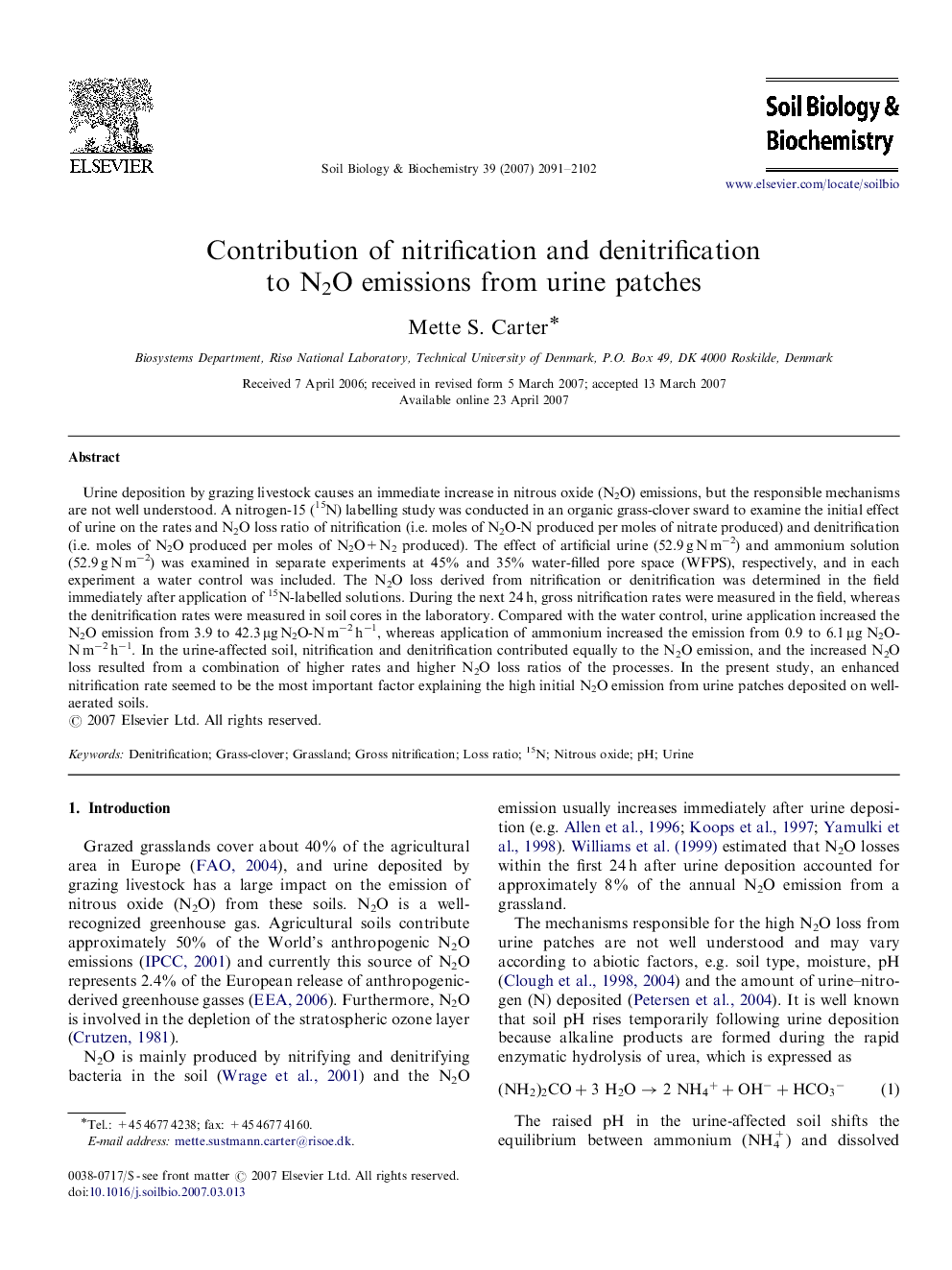 Contribution of nitrification and denitrification to N2O emissions from urine patches