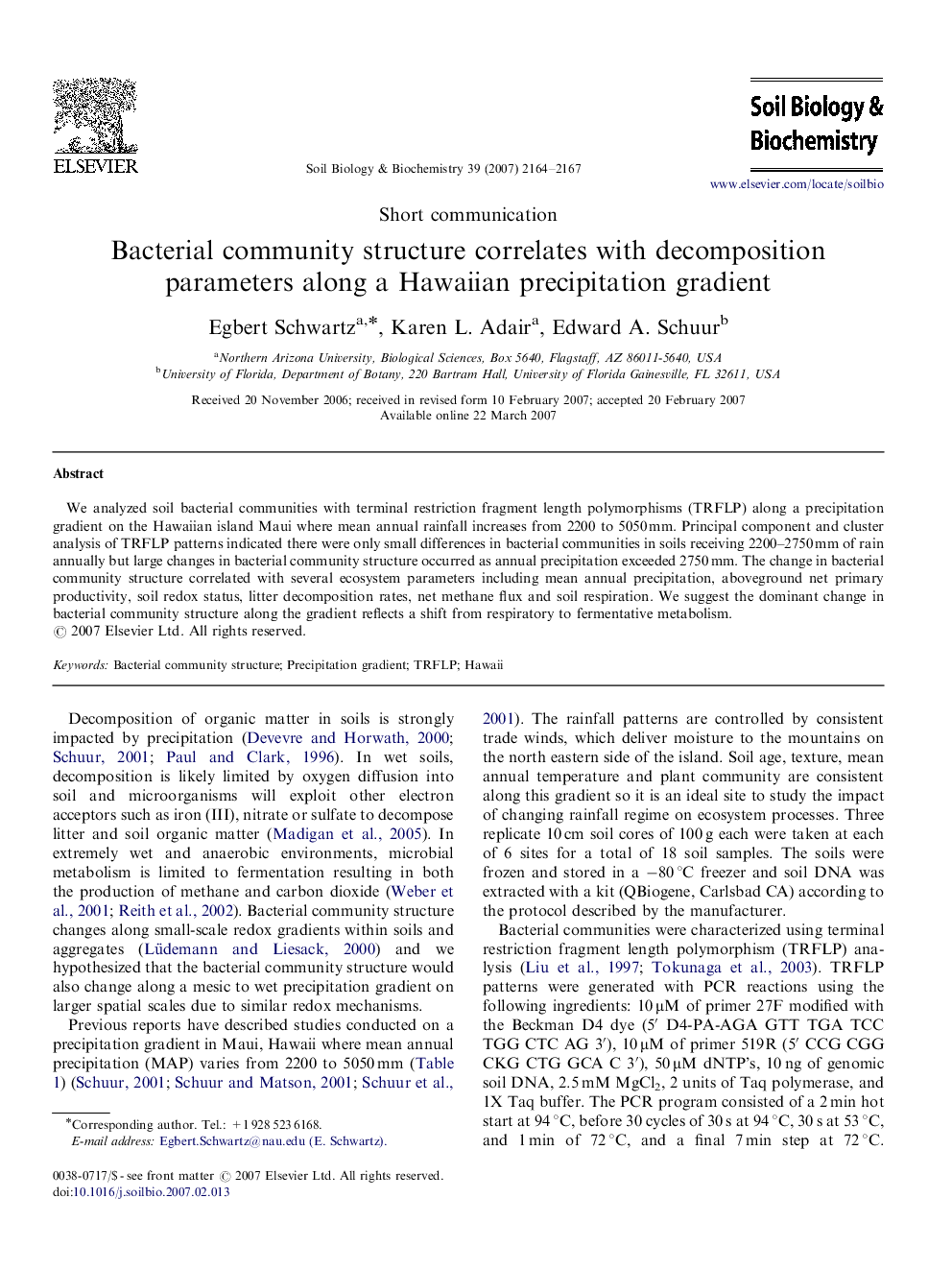 Bacterial community structure correlates with decomposition parameters along a Hawaiian precipitation gradient