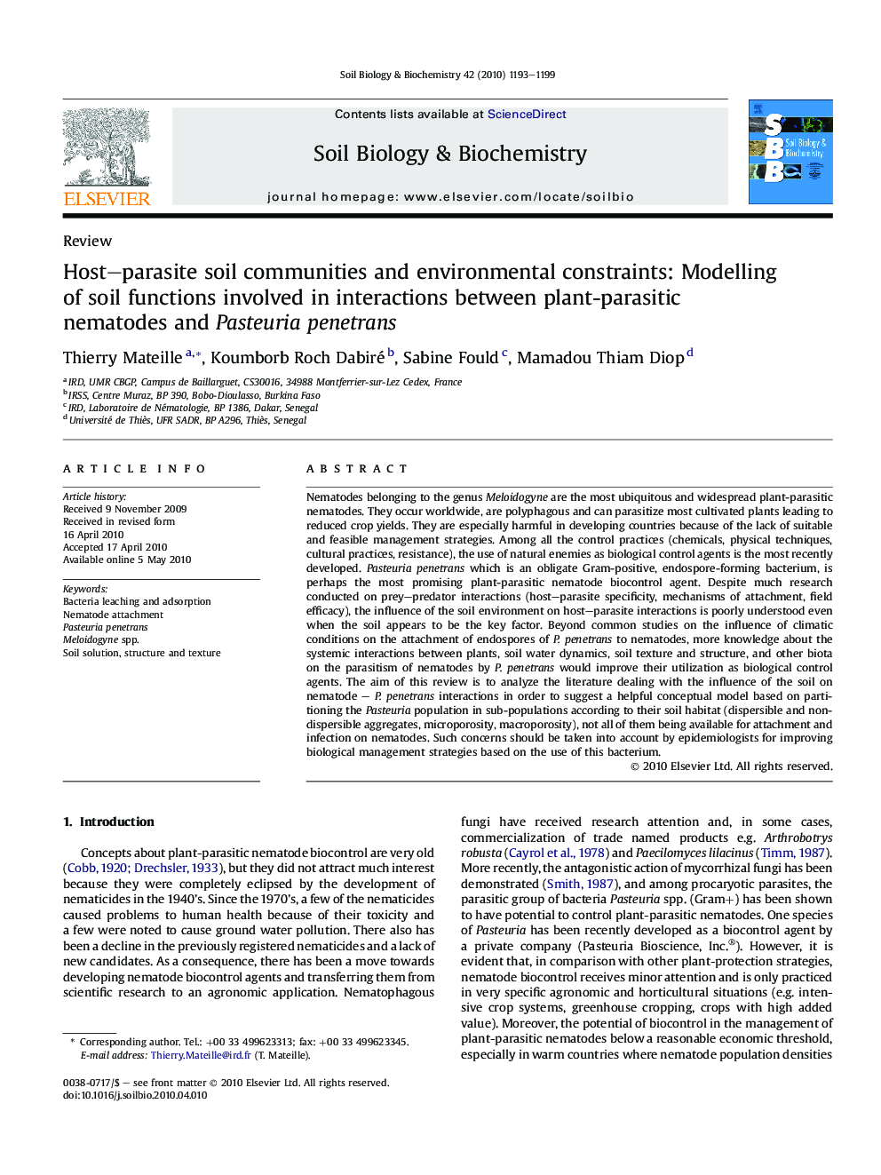 Host–parasite soil communities and environmental constraints: Modelling of soil functions involved in interactions between plant-parasitic nematodes and Pasteuria penetrans