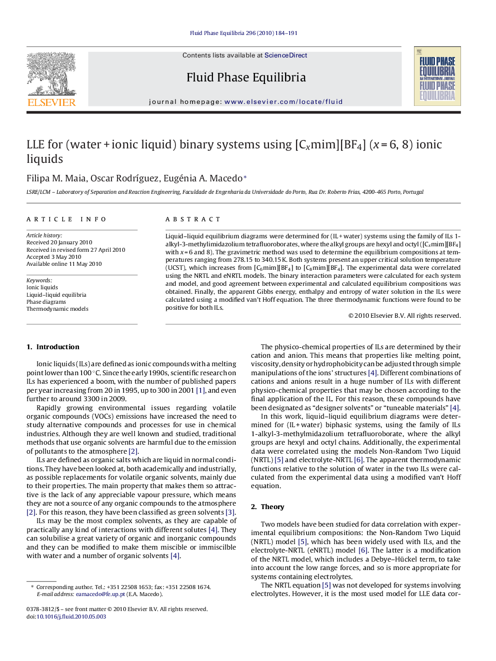 LLE for (water + ionic liquid) binary systems using [Cxmim][BF4] (x = 6, 8) ionic liquids