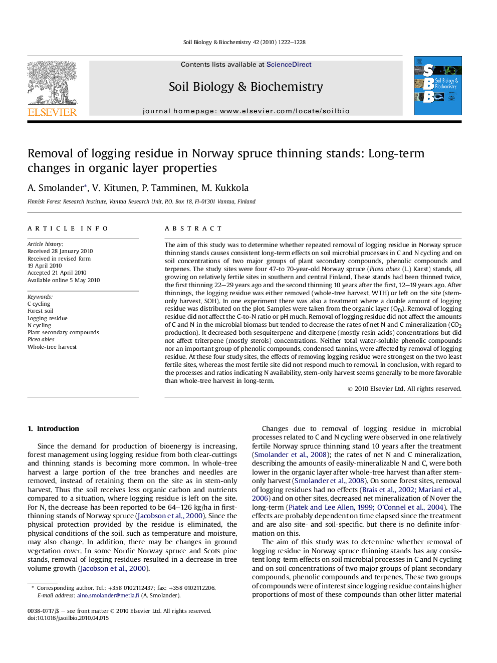 Removal of logging residue in Norway spruce thinning stands: Long-term changes in organic layer properties