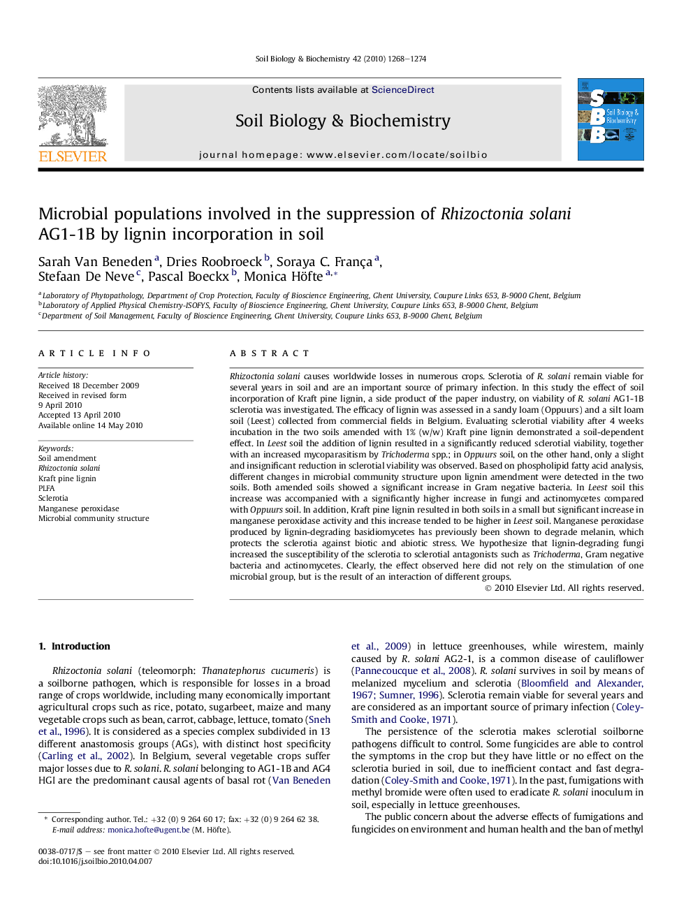 Microbial populations involved in the suppression of Rhizoctonia solani AG1-1B by lignin incorporation in soil