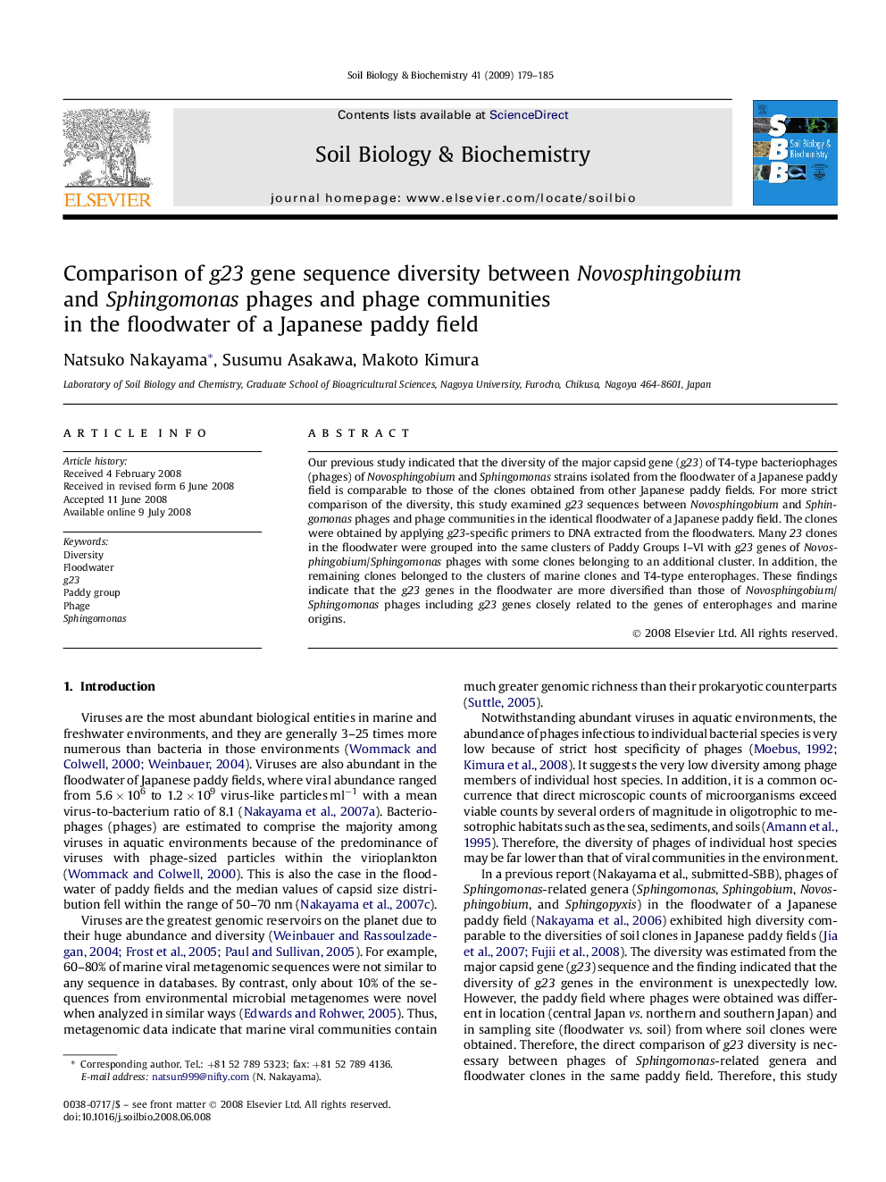 Comparison of g23 gene sequence diversity between Novosphingobium and Sphingomonas phages and phage communities in the floodwater of a Japanese paddy field