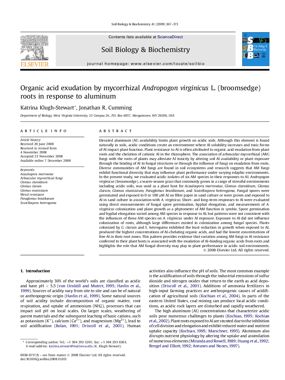 Organic acid exudation by mycorrhizal Andropogon virginicus L. (broomsedge) roots in response to aluminum