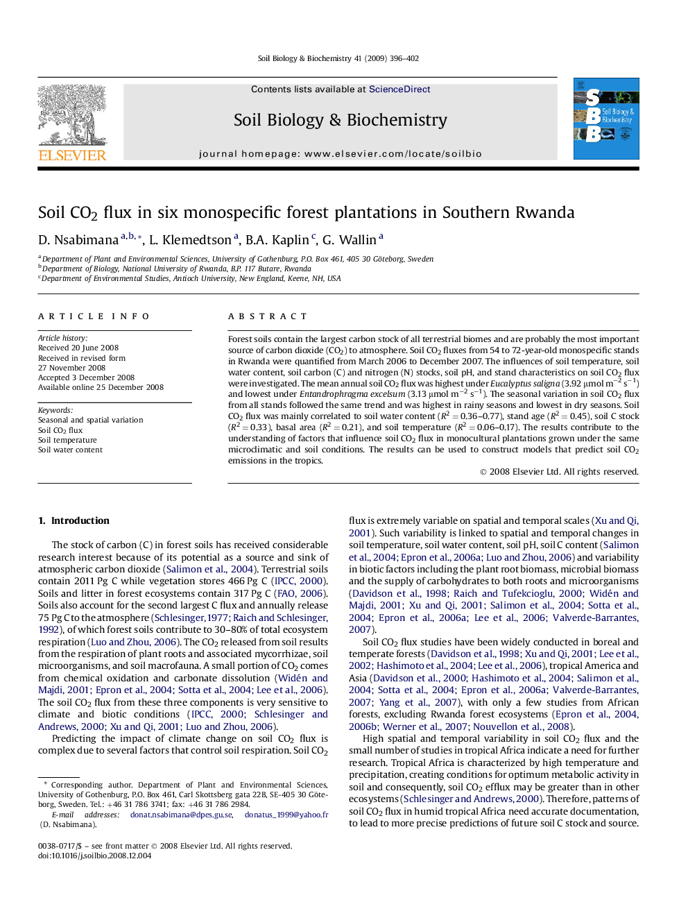 Soil CO2 flux in six monospecific forest plantations in Southern Rwanda