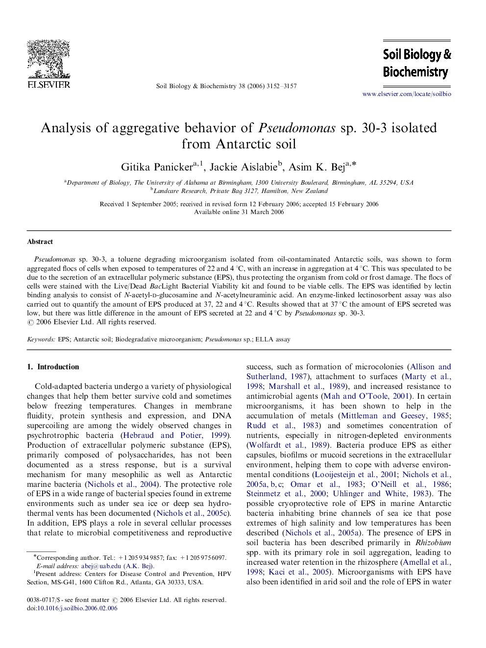 Analysis of aggregative behavior of Pseudomonas sp. 30-3 isolated from Antarctic soil