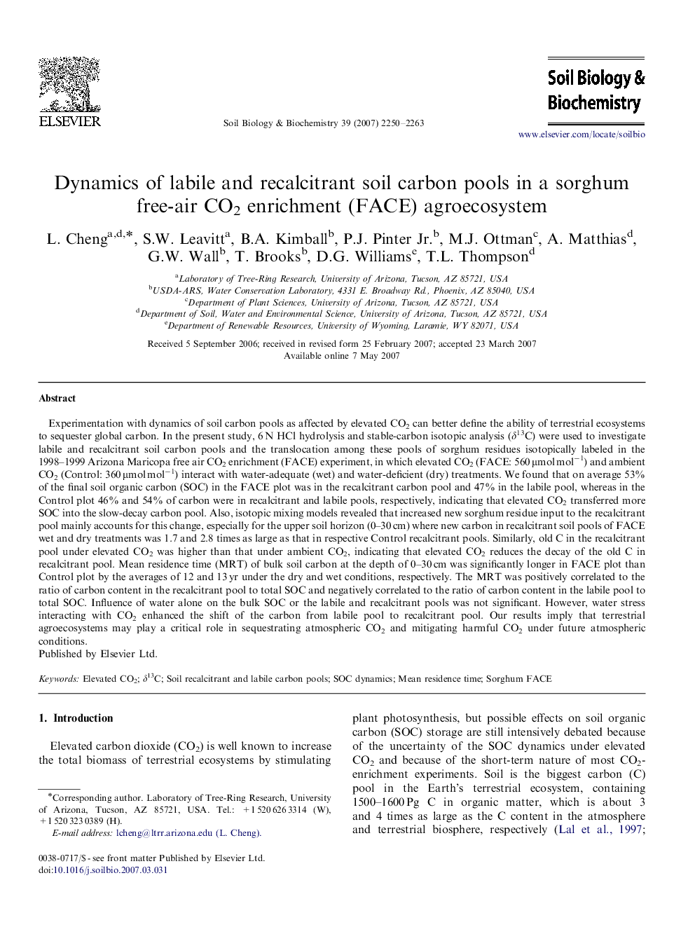 Dynamics of labile and recalcitrant soil carbon pools in a sorghum free-air CO2 enrichment (FACE) agroecosystem