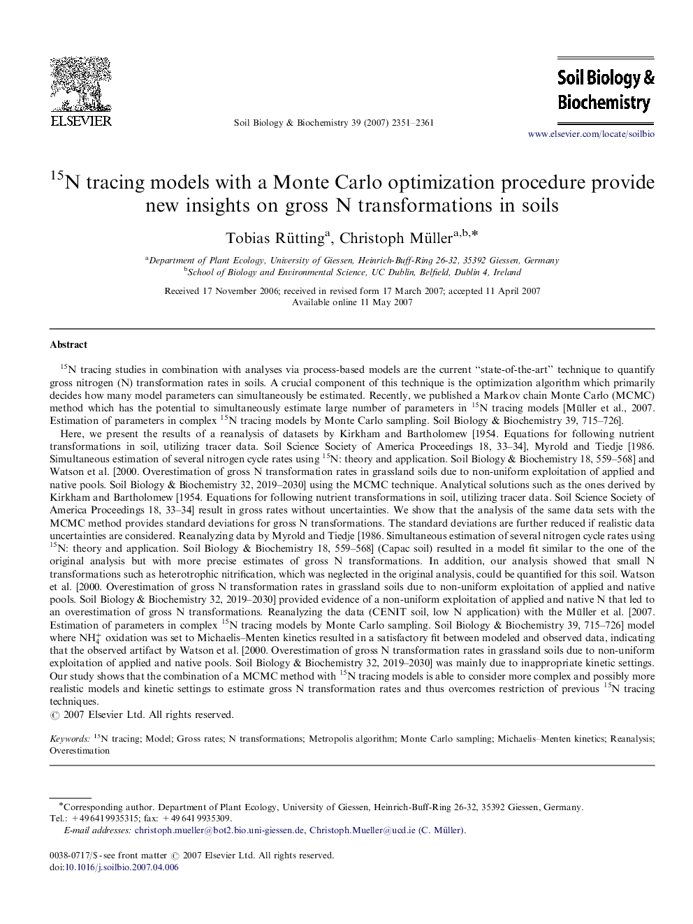 15N tracing models with a Monte Carlo optimization procedure provide new insights on gross N transformations in soils