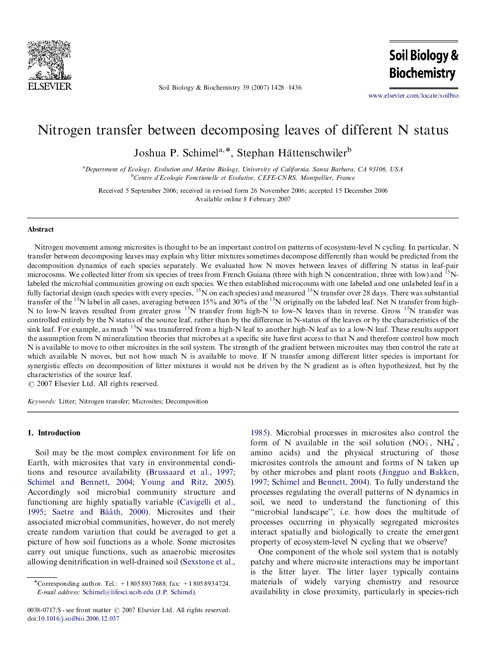 Nitrogen transfer between decomposing leaves of different N status