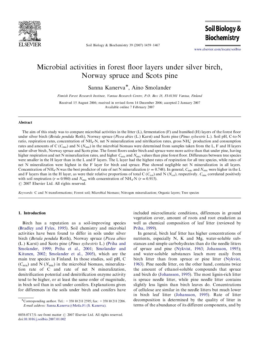 Microbial activities in forest floor layers under silver birch, Norway spruce and Scots pine