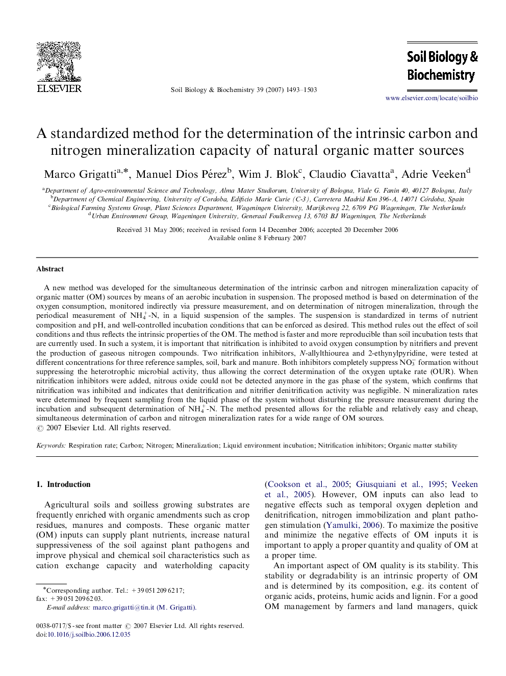 A standardized method for the determination of the intrinsic carbon and nitrogen mineralization capacity of natural organic matter sources