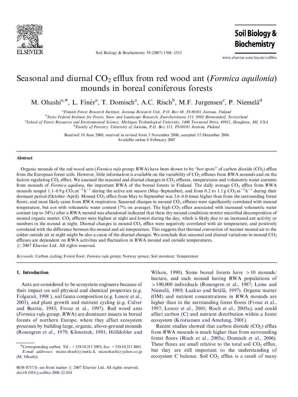 Seasonal and diurnal CO2 efflux from red wood ant (Formica aquilonia) mounds in boreal coniferous forests