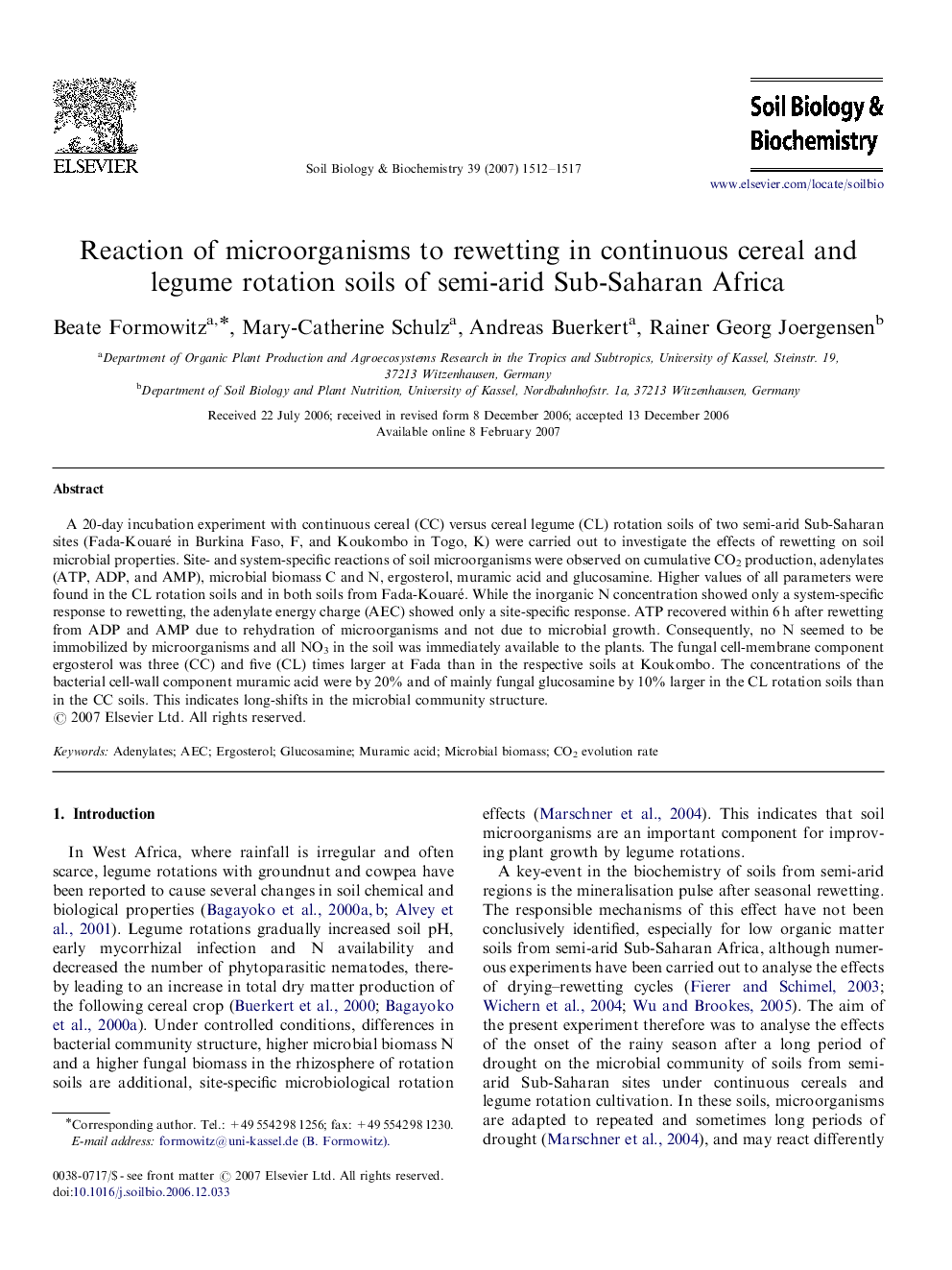 Reaction of microorganisms to rewetting in continuous cereal and legume rotation soils of semi-arid Sub-Saharan Africa