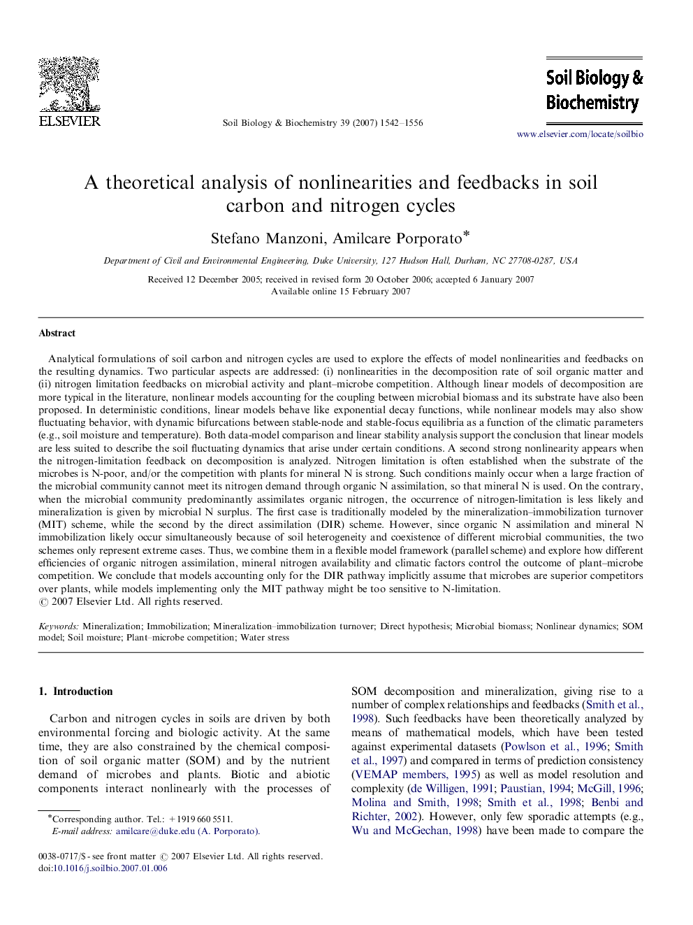 A theoretical analysis of nonlinearities and feedbacks in soil carbon and nitrogen cycles