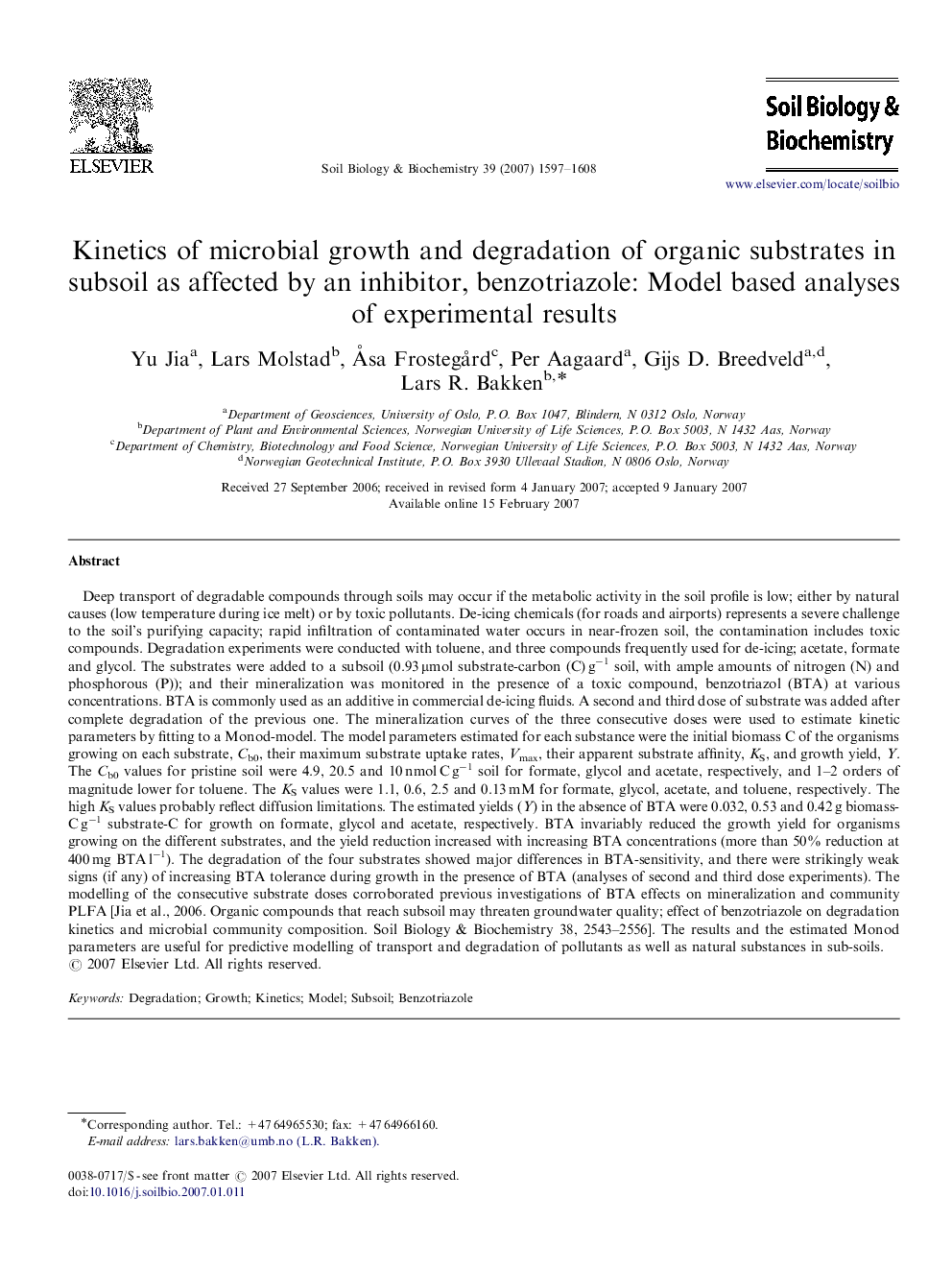 Kinetics of microbial growth and degradation of organic substrates in subsoil as affected by an inhibitor, benzotriazole: Model based analyses of experimental results