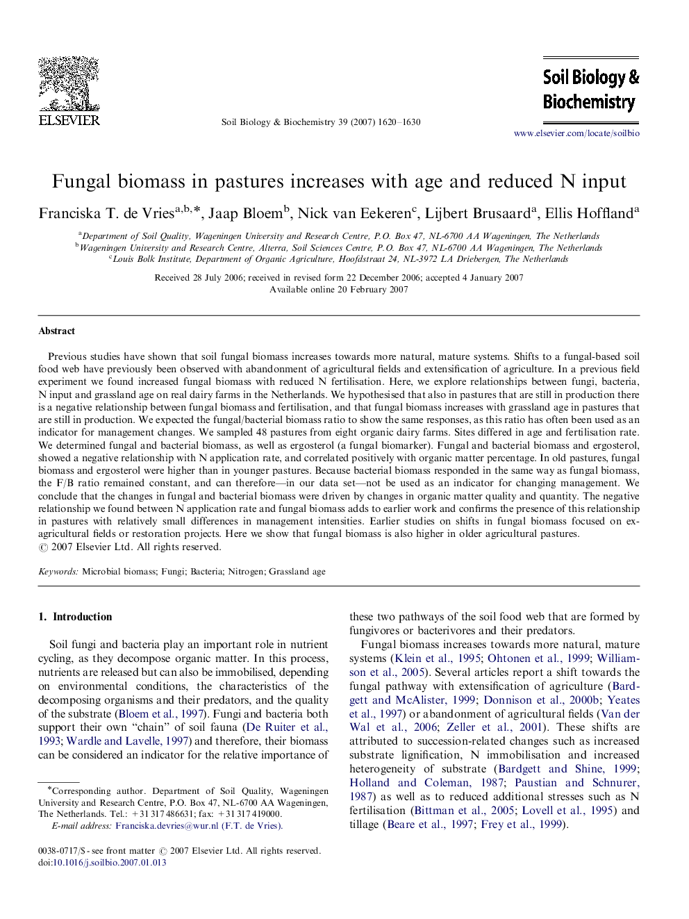 Fungal biomass in pastures increases with age and reduced N input