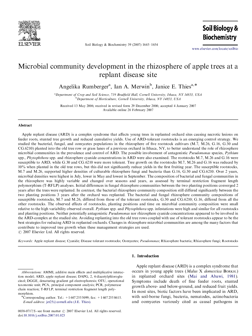 Microbial community development in the rhizosphere of apple trees at a replant disease site