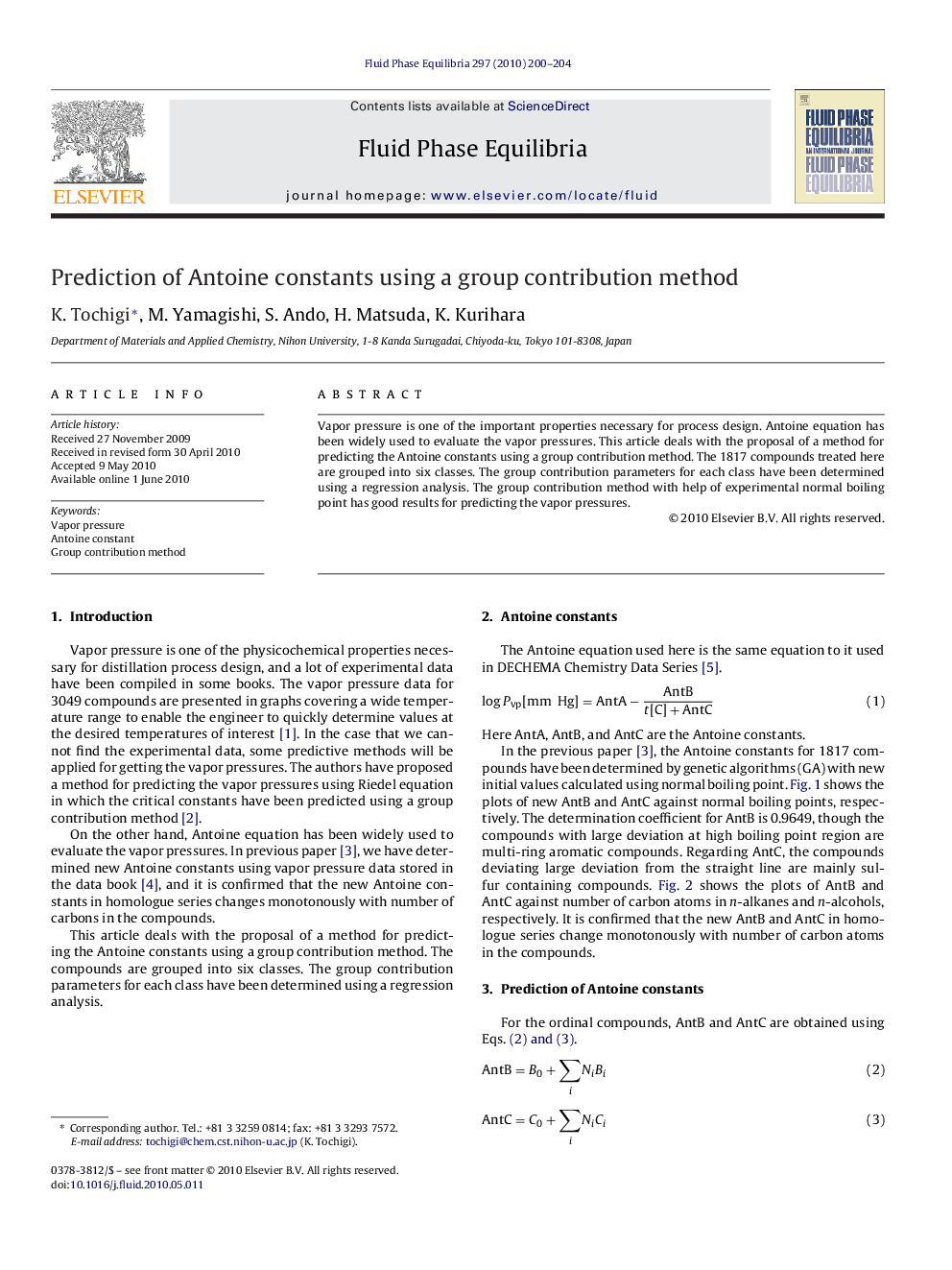 Prediction of Antoine constants using a group contribution method