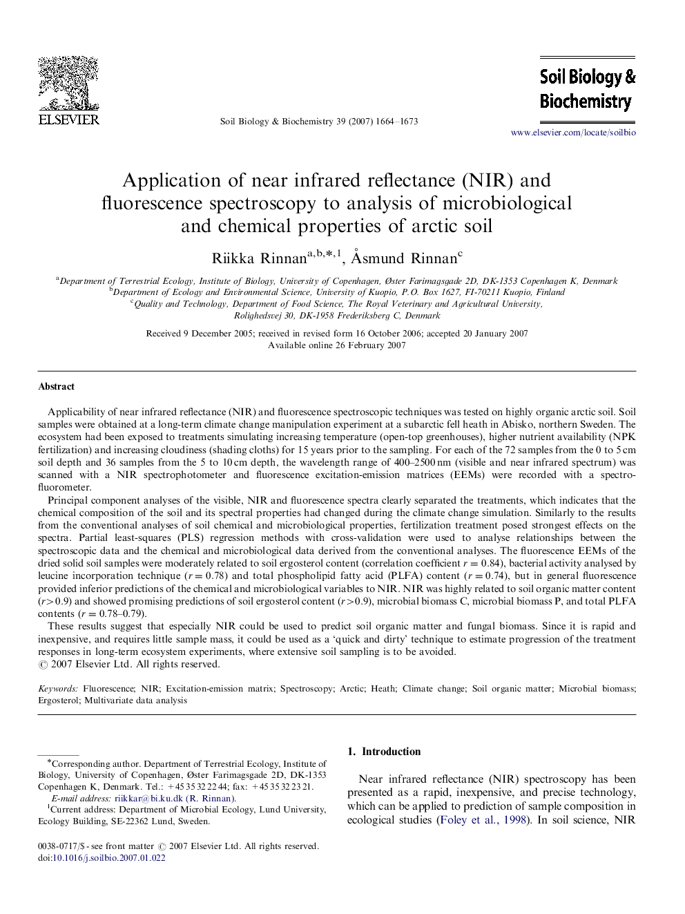 Application of near infrared reflectance (NIR) and fluorescence spectroscopy to analysis of microbiological and chemical properties of arctic soil