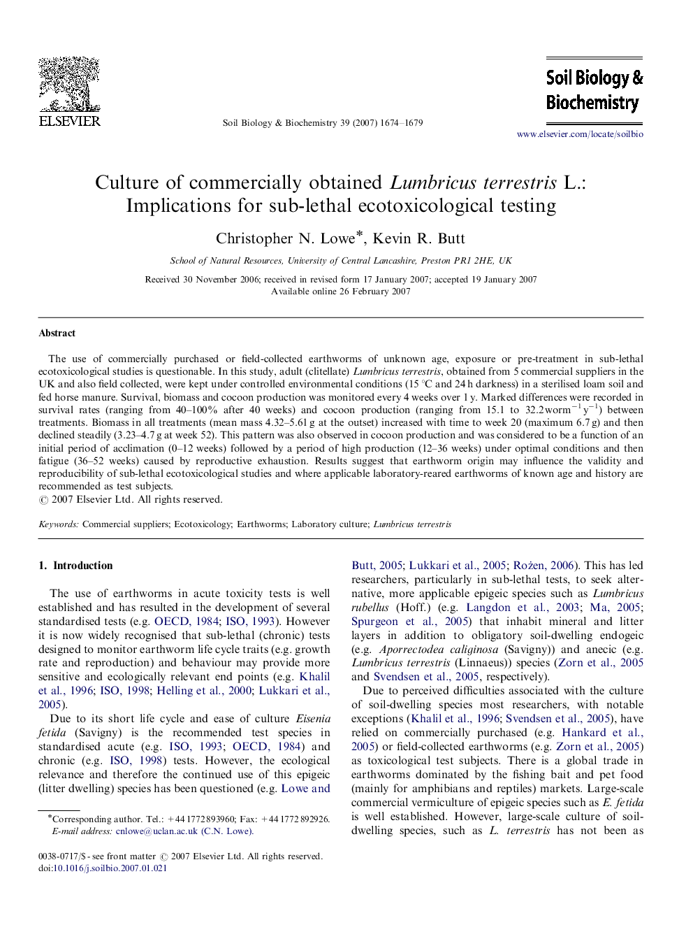 Culture of commercially obtained Lumbricus terrestris L.: Implications for sub-lethal ecotoxicological testing