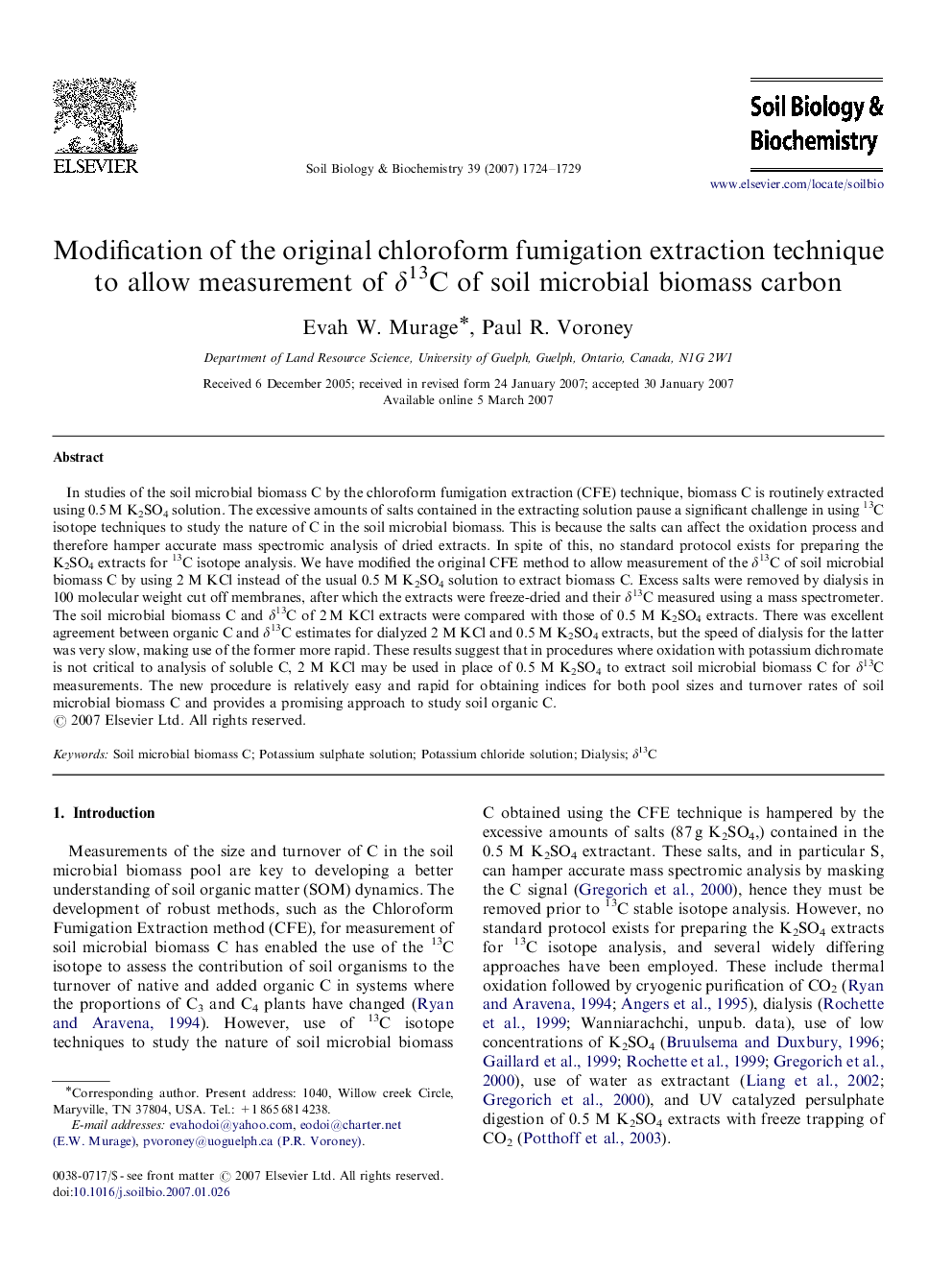 Modification of the original chloroform fumigation extraction technique to allow measurement of δ13C of soil microbial biomass carbon