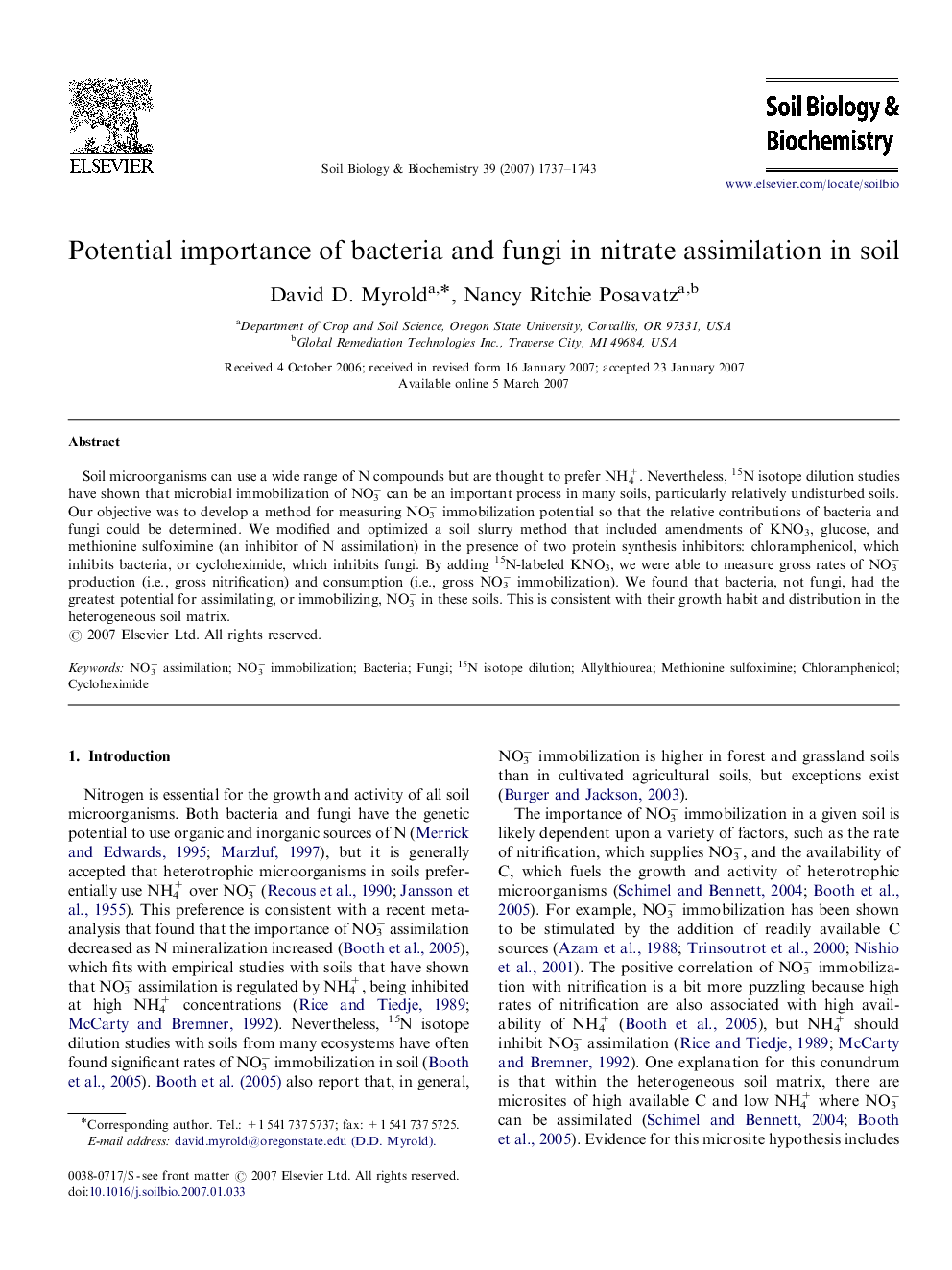 Potential importance of bacteria and fungi in nitrate assimilation in soil