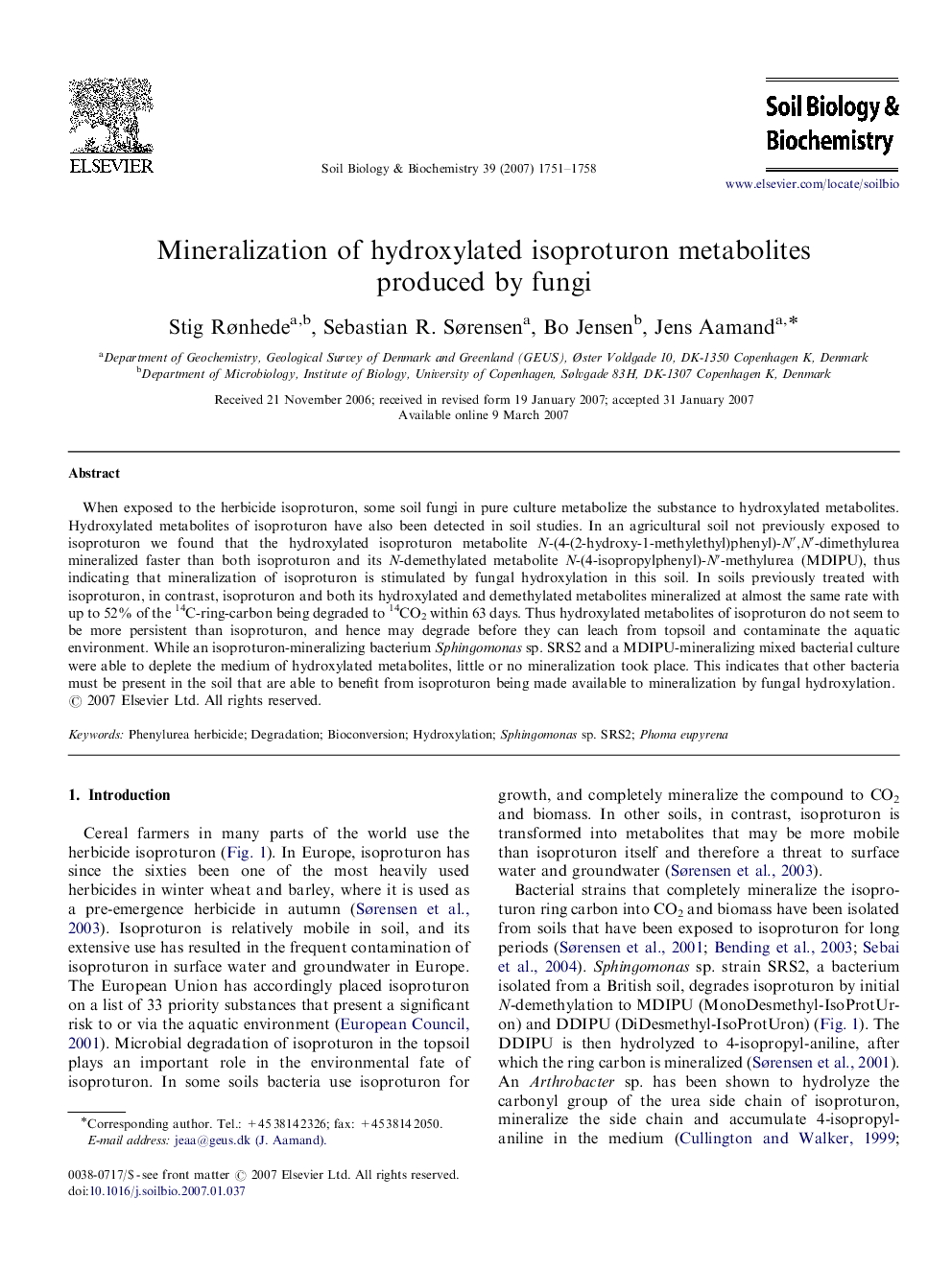 Mineralization of hydroxylated isoproturon metabolites produced by fungi