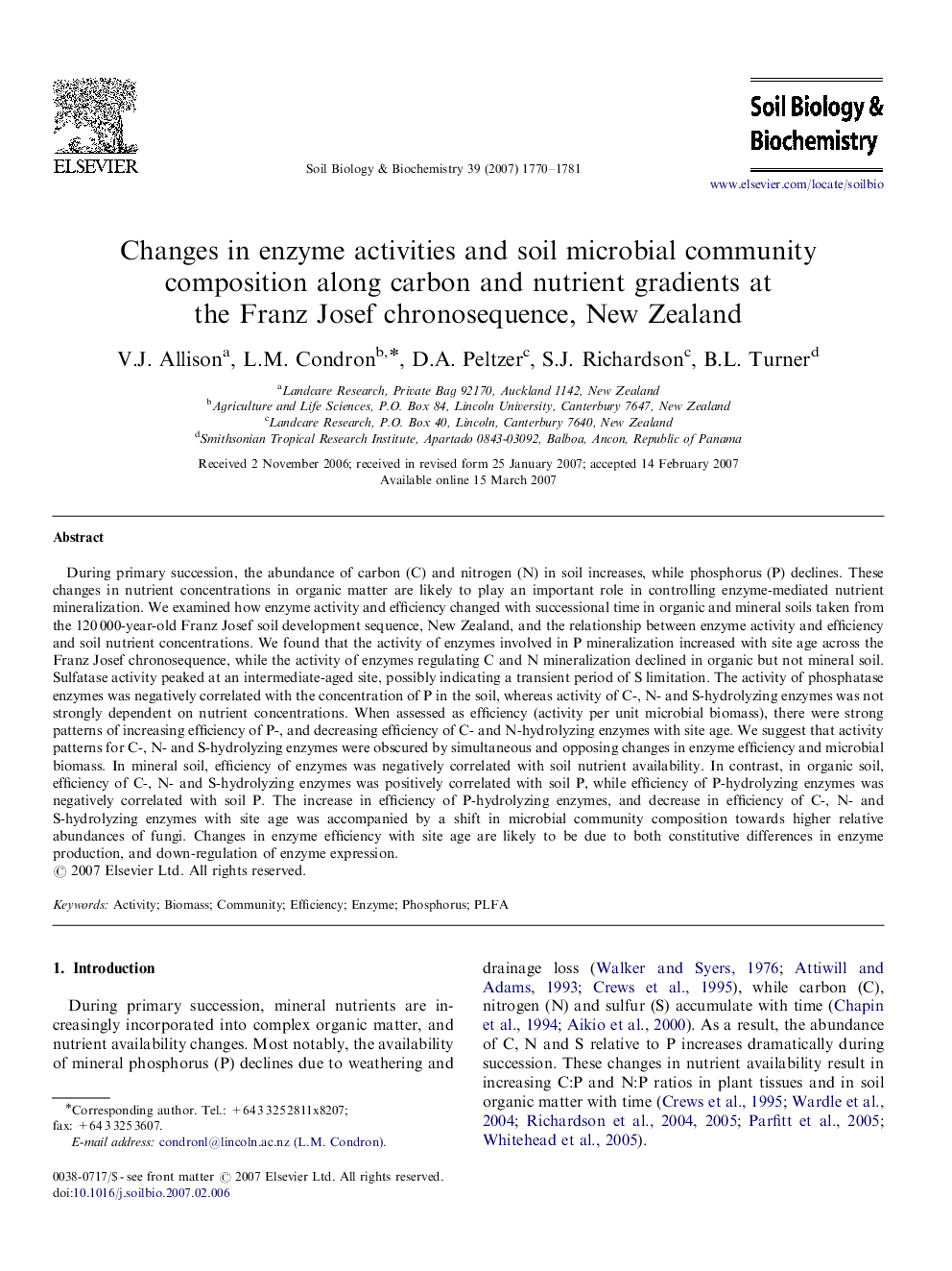 Changes in enzyme activities and soil microbial community composition along carbon and nutrient gradients at the Franz Josef chronosequence, New Zealand