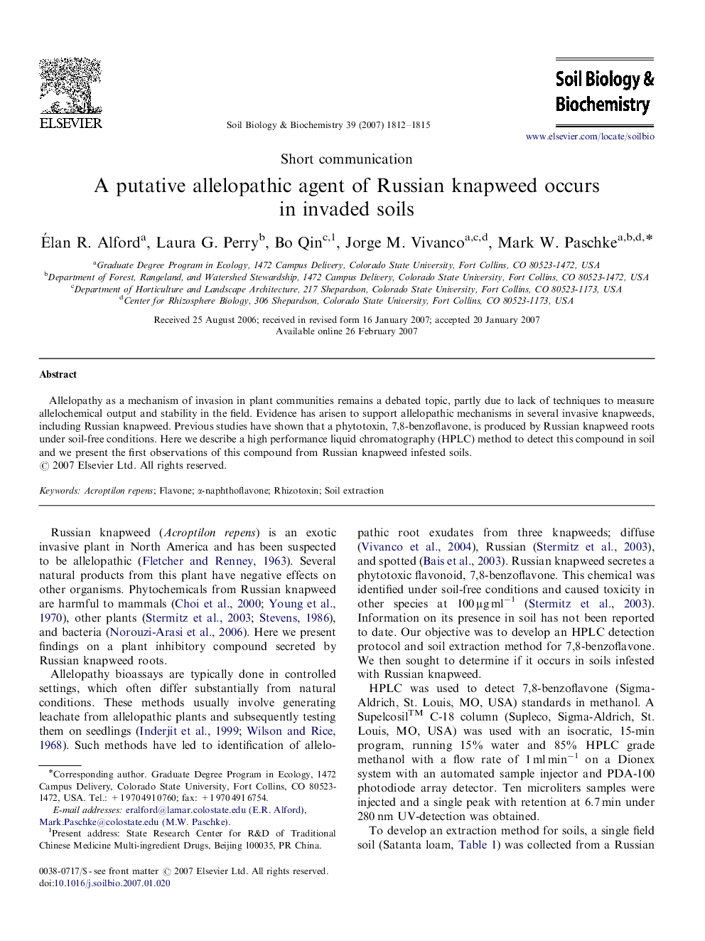 A putative allelopathic agent of Russian knapweed occurs in invaded soils