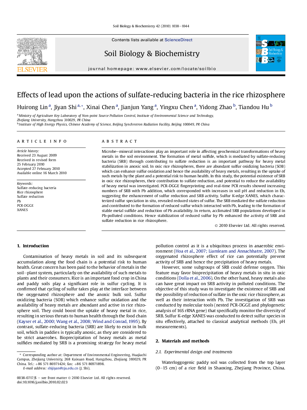 Effects of lead upon the actions of sulfate-reducing bacteria in the rice rhizosphere