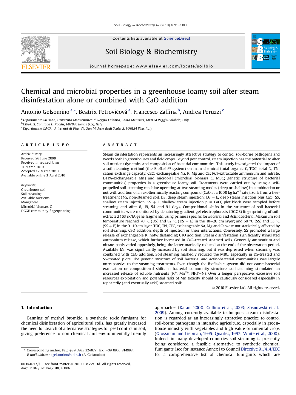 Chemical and microbial properties in a greenhouse loamy soil after steam disinfestation alone or combined with CaO addition