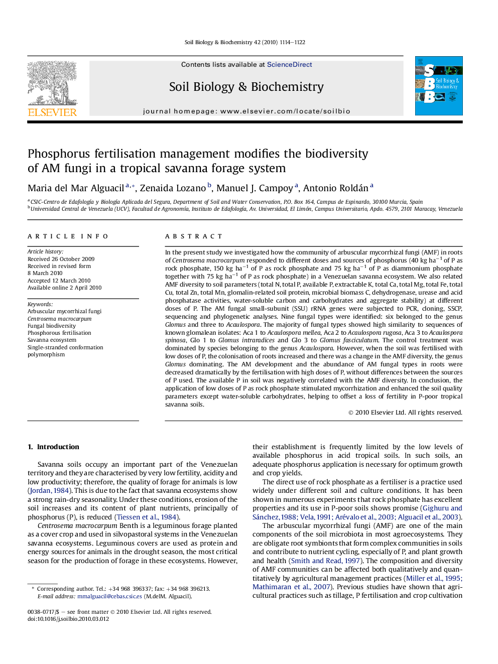 Phosphorus fertilisation management modifies the biodiversity of AM fungi in a tropical savanna forage system