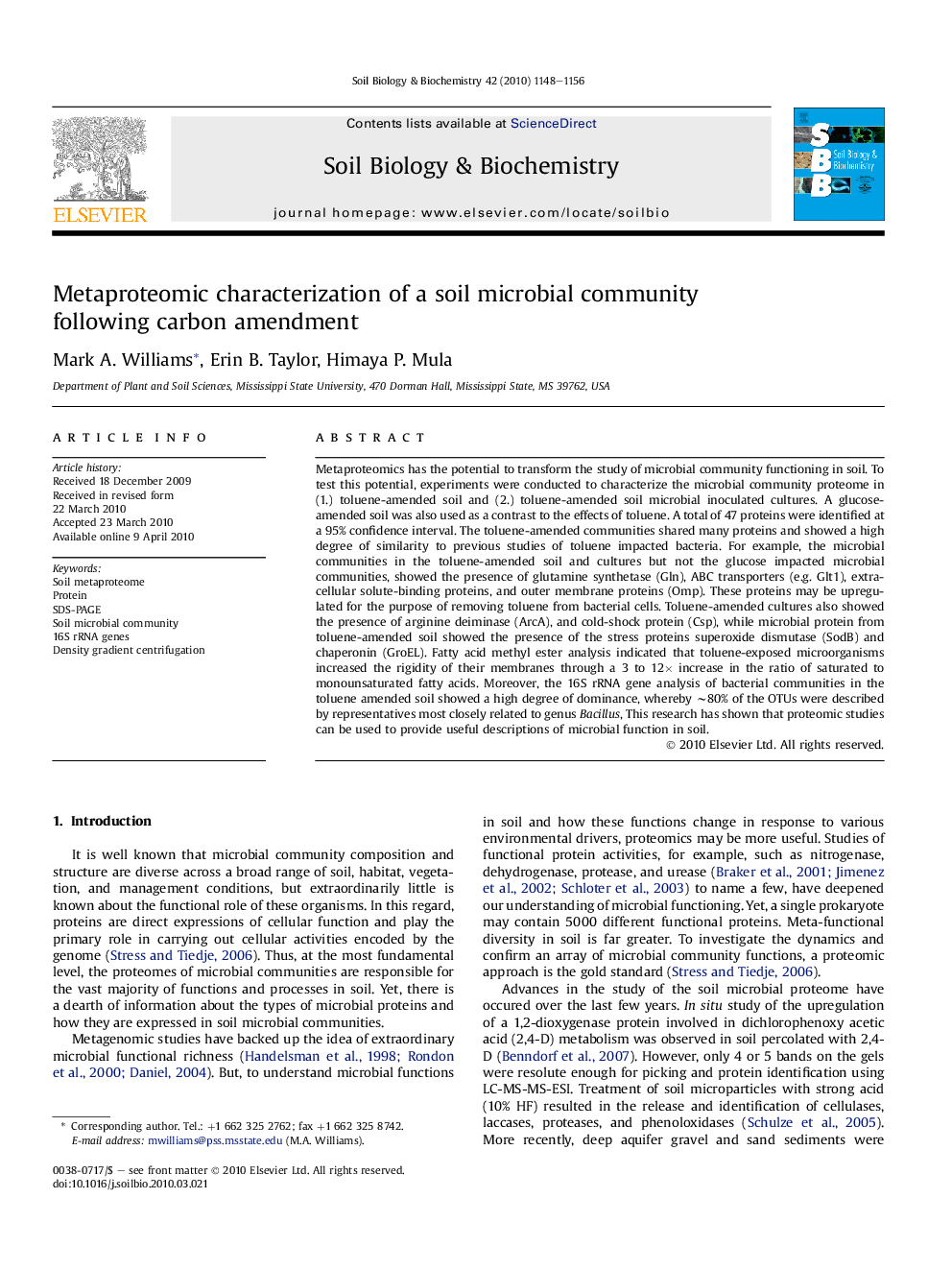 Metaproteomic characterization of a soil microbial community following carbon amendment